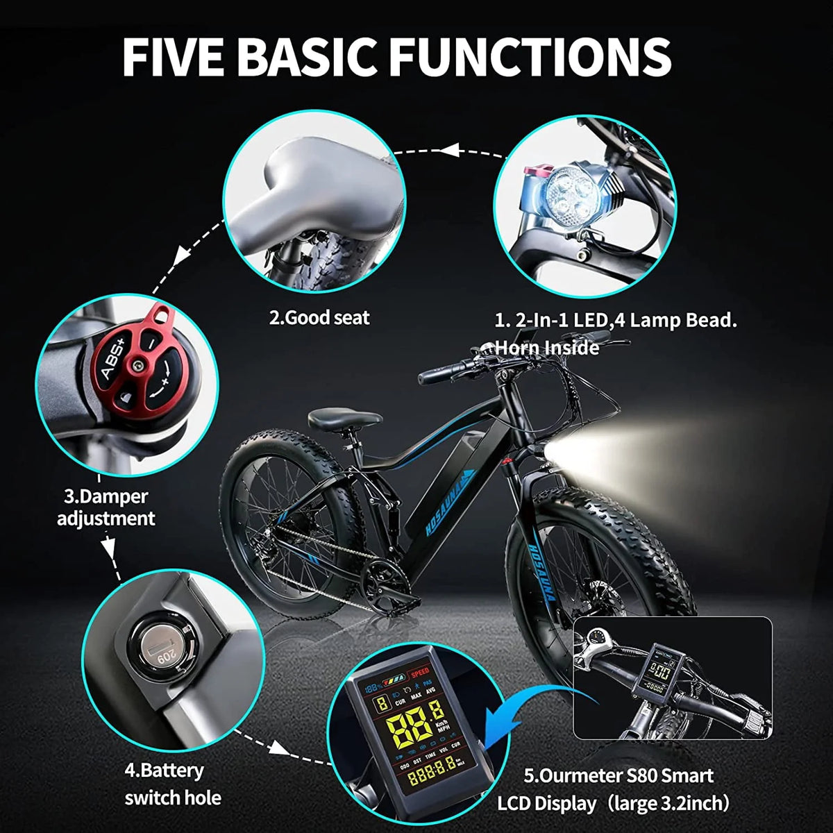 Electric Bike Electric Mountain Bike 500W Ebike26'' Fat Tire Ebike, 28+MPH Adults Ebike with Removable 48V 15Ah Battery, Shimano 6-Speed Black