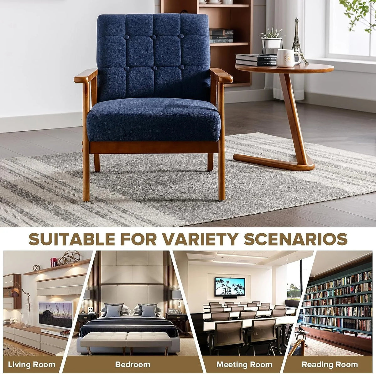 Ufurpie Mid Century Modern Armchair with Wood Frame,Linen Fabric Comfy Reading Chair,Accent Chair for Living Room Bedroom,Navy