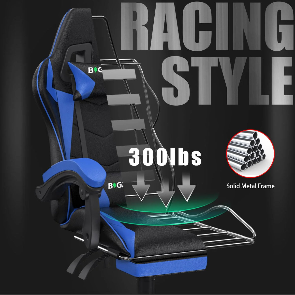 Bigzzia Gaming Chair Pu Leather Office Chair with Ergonomic Lumbar Pillow, Reclining Racing Game Chair Backrest and Seat Height Adjustable Swivel Recliner,Esports Chair with Headrest,Blue