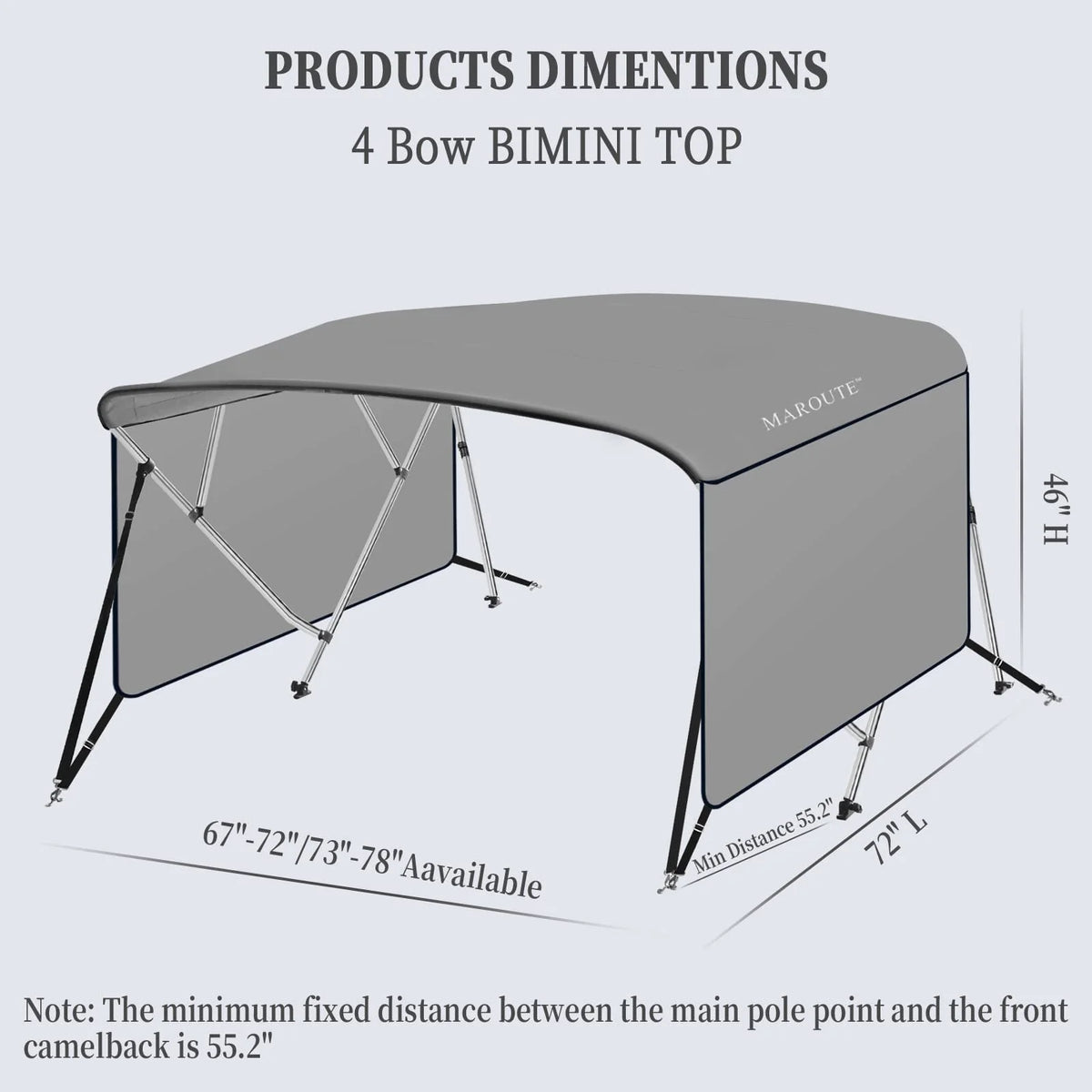 4 Bow Bimini Top Boat Cover with 1” Aluminum Alloy Frame, Include 2 Straps, 2 Adjustable Rear Support Pole, Zippered Storage Boot, PU Coating Canvas(8'L x 54" H x 73"-78" W ,Gray )