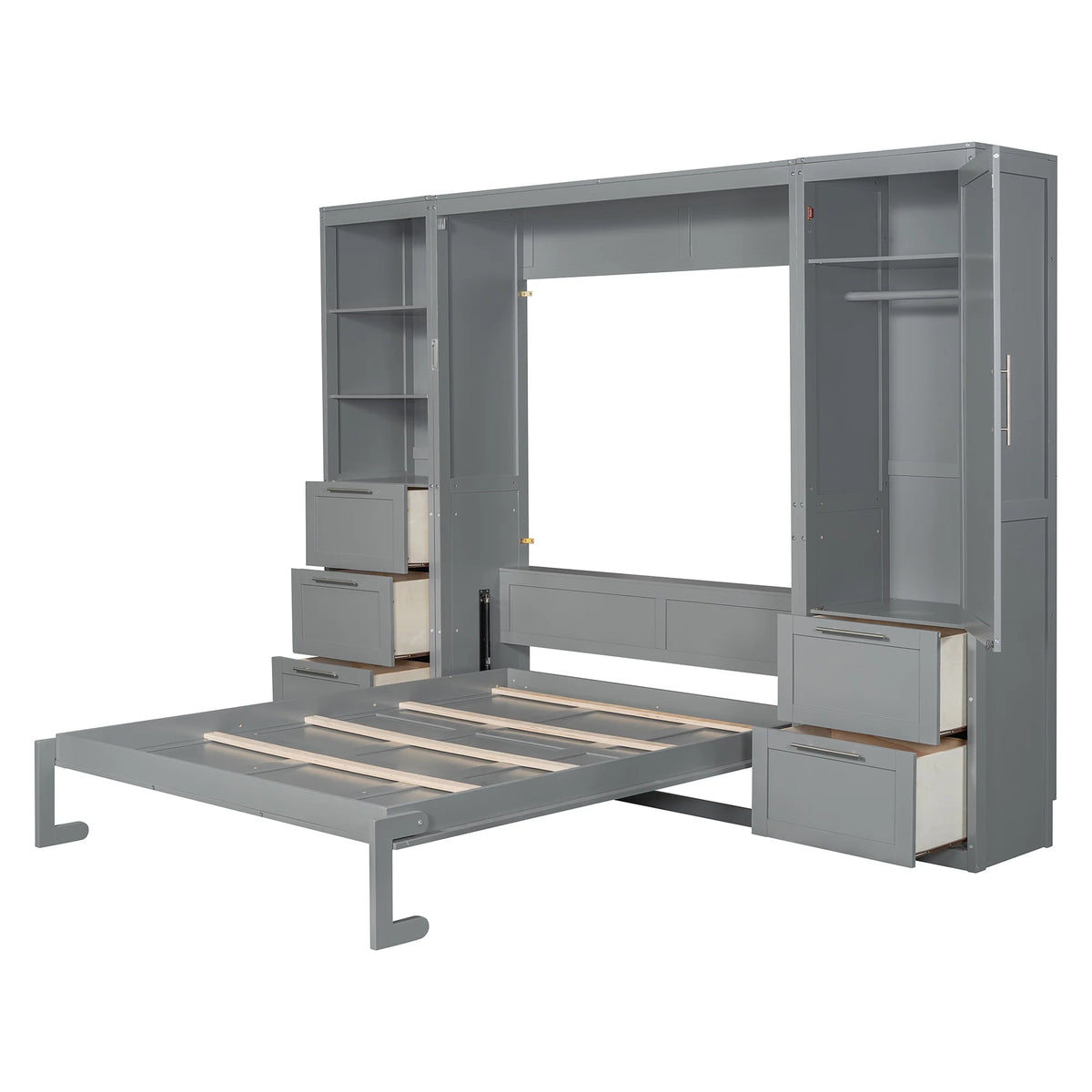 Newest Queen Size Murphy Bed Wall Bed with Closet ,Drawers , Shelves,Gray