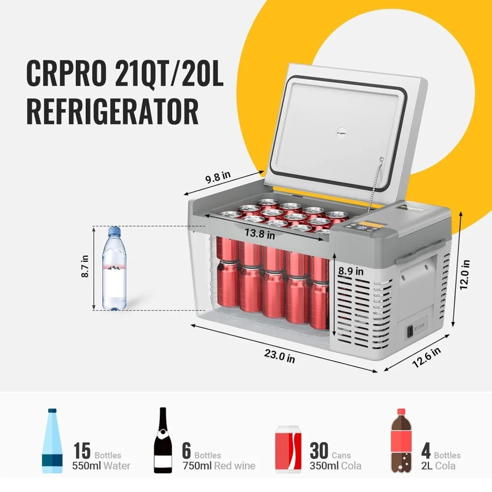 BougeRV Portable Car Refrigerator CRPRO 21 Qt, 12 Volt Fridge Compressor Freezer with -8℉~50℉ Cooling Range, 12V/24 DC & 110-240 AC for RV Truck Vehicle Boat Outdoor & Home Use Black