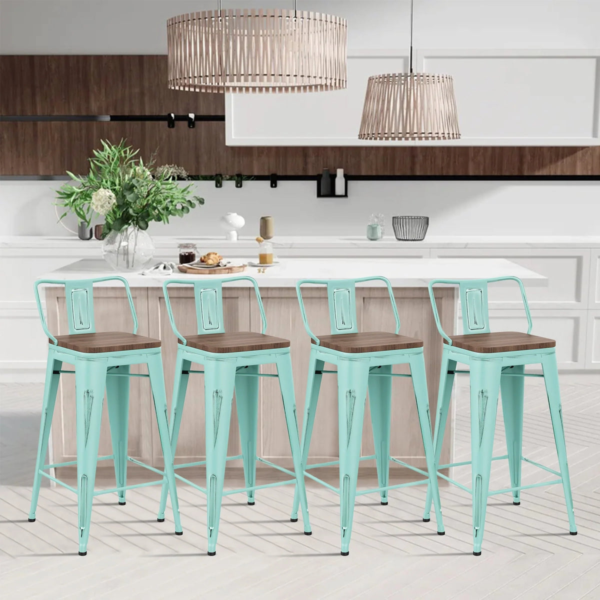 Andeworld Bar Stools Set of 4 Counter Height Stools Industrial Metal Barstools with Wooden Seats( 24 Inch, Distressed Green Blue)