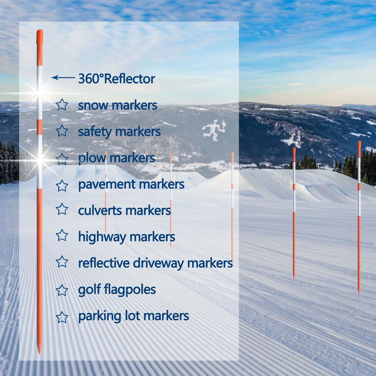 100-Pack 72" Inch Snow Stakes Driveway Markers Poles Snow Plow Stakes Fiberglass 5/16 Inch Diameter Orange with Two 9.8" Reflective Tapes