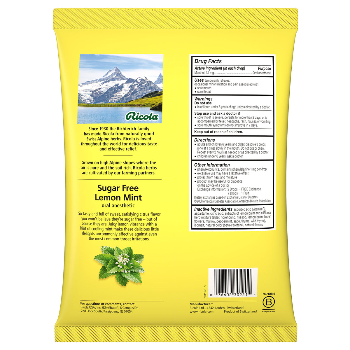 Ricola Sugar Free Lemon Mint Drops, 210 Drops