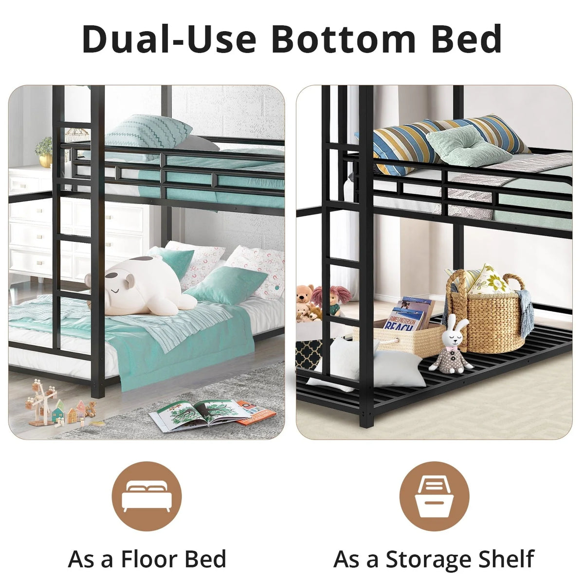 L-Shaped Triple Bunk Bed, Twin Size Metal Bunk Bed for 3 with Long and Short Ladders, Space-Saving Loft Bunk Bed with Full-Length Guardrails for Boys Girls, No Box Spring Needed, Noise Free, Black