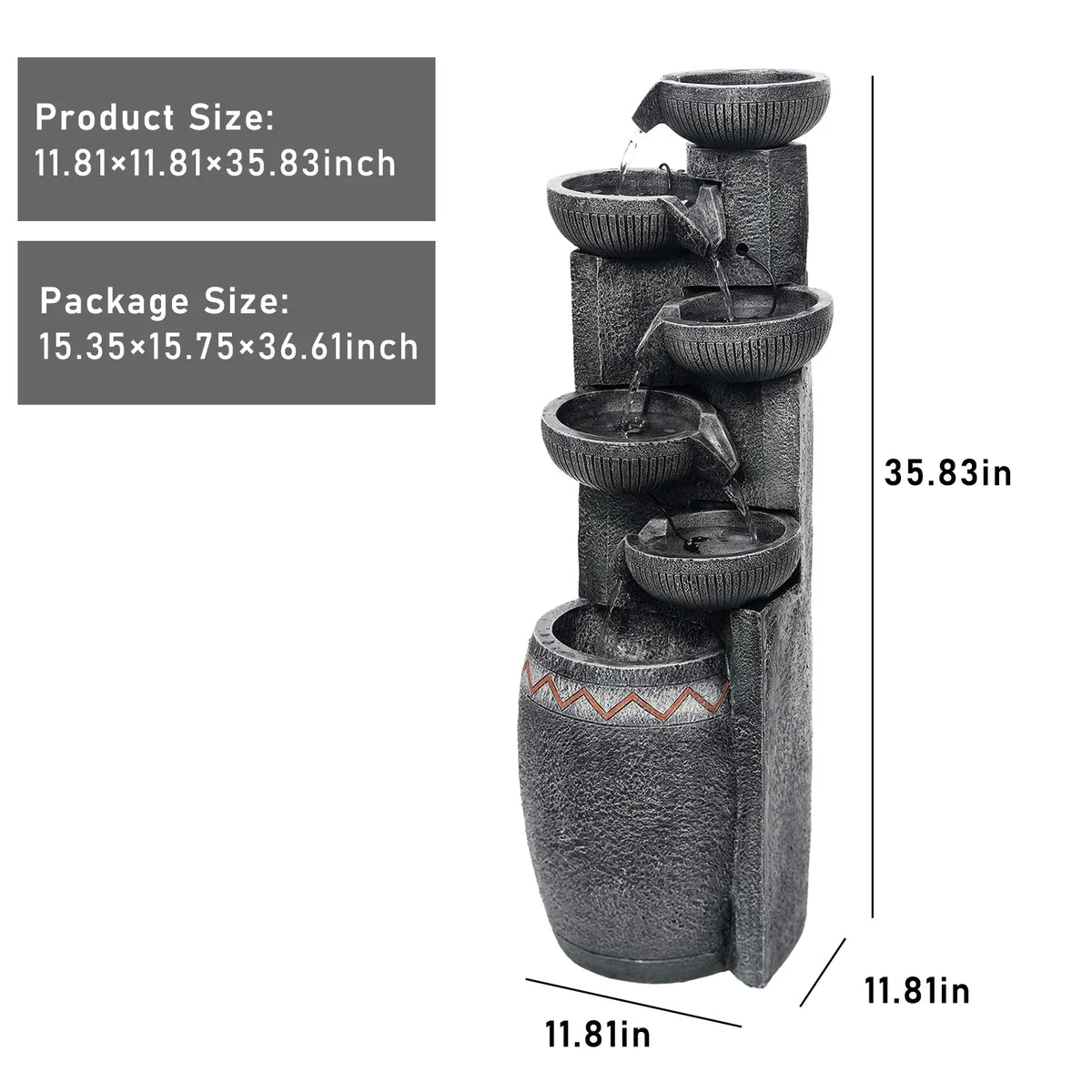 35.83''H Outdoor Indoor Garden Water Fountain 6-Tiers Modern Floor Standing Water Feature Waterfall Fountains with LED Lights for Yard Porch Deck Patio Home Decor