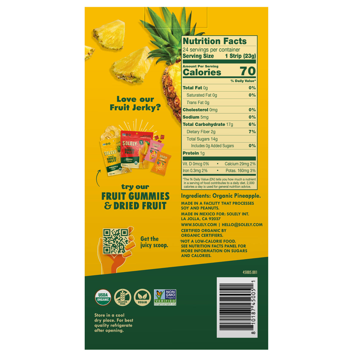 Solely Organic Fruit Jerky, Pineapple, 0.8 oz, 24-count