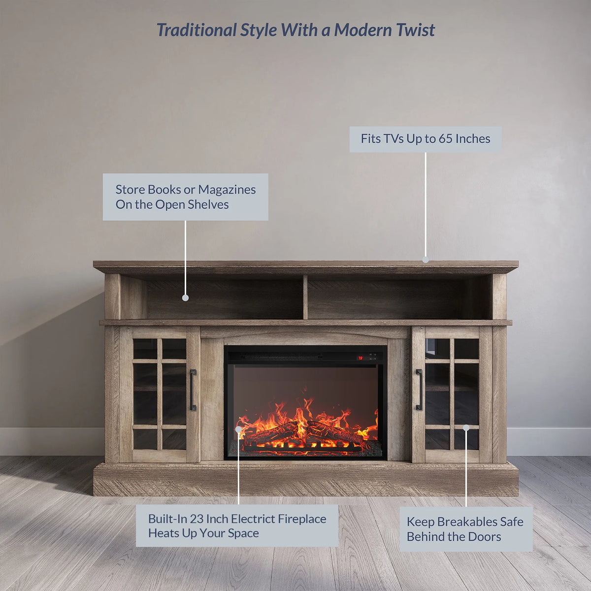 BELLEZE 58" TV Stand with 23" Electric Fireplace, Fireplace TV Console for TVs up to 65", Home Entertainment Center with Storage Cabinet and Adjustable Shelves - Astorga (Gray Wash)