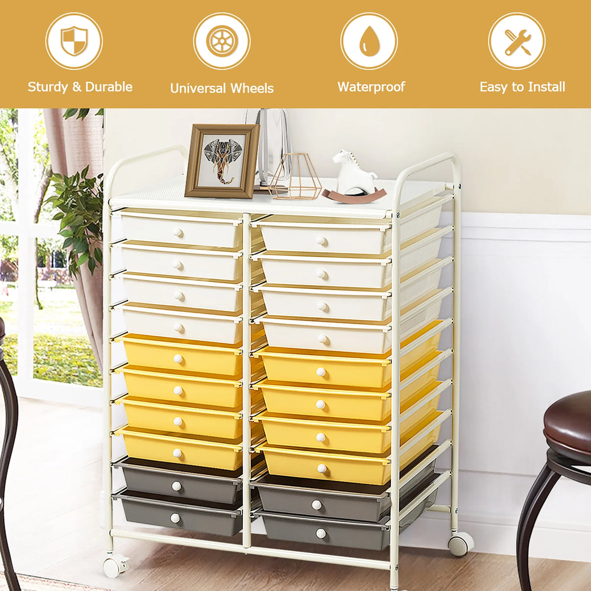 Costway 20 Drawer Rolling Storage Cart Tools Scrapbook Paper Office School Organizer Yellow
