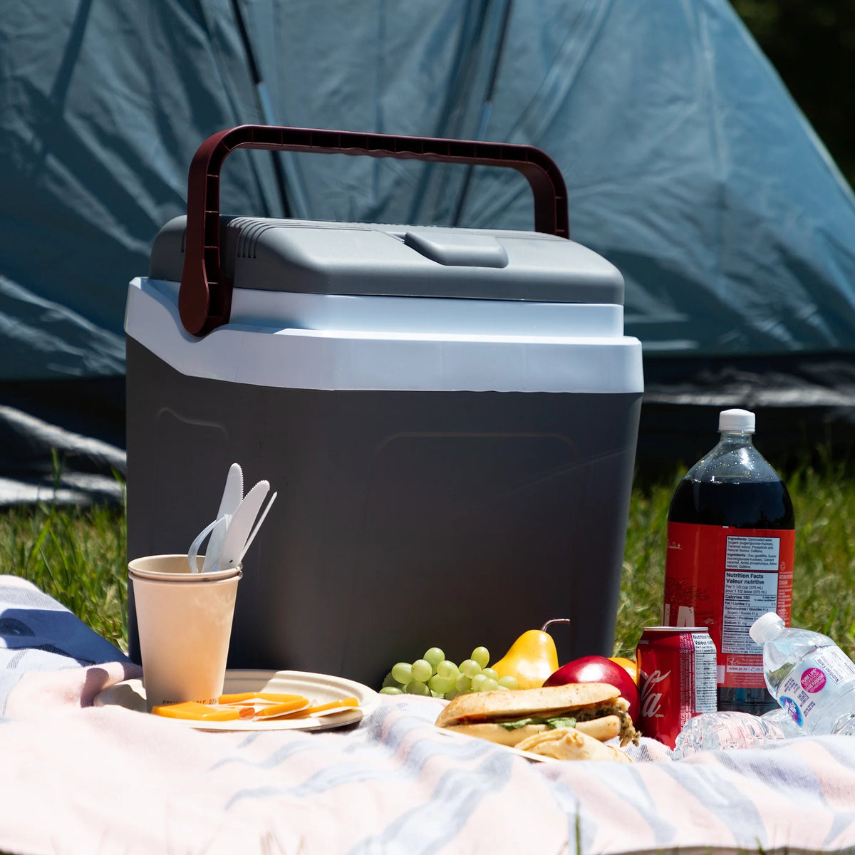 Koolatron 12V Electric Cooler 24L (26 qt), With Self-Locking Handle, Gray/Red