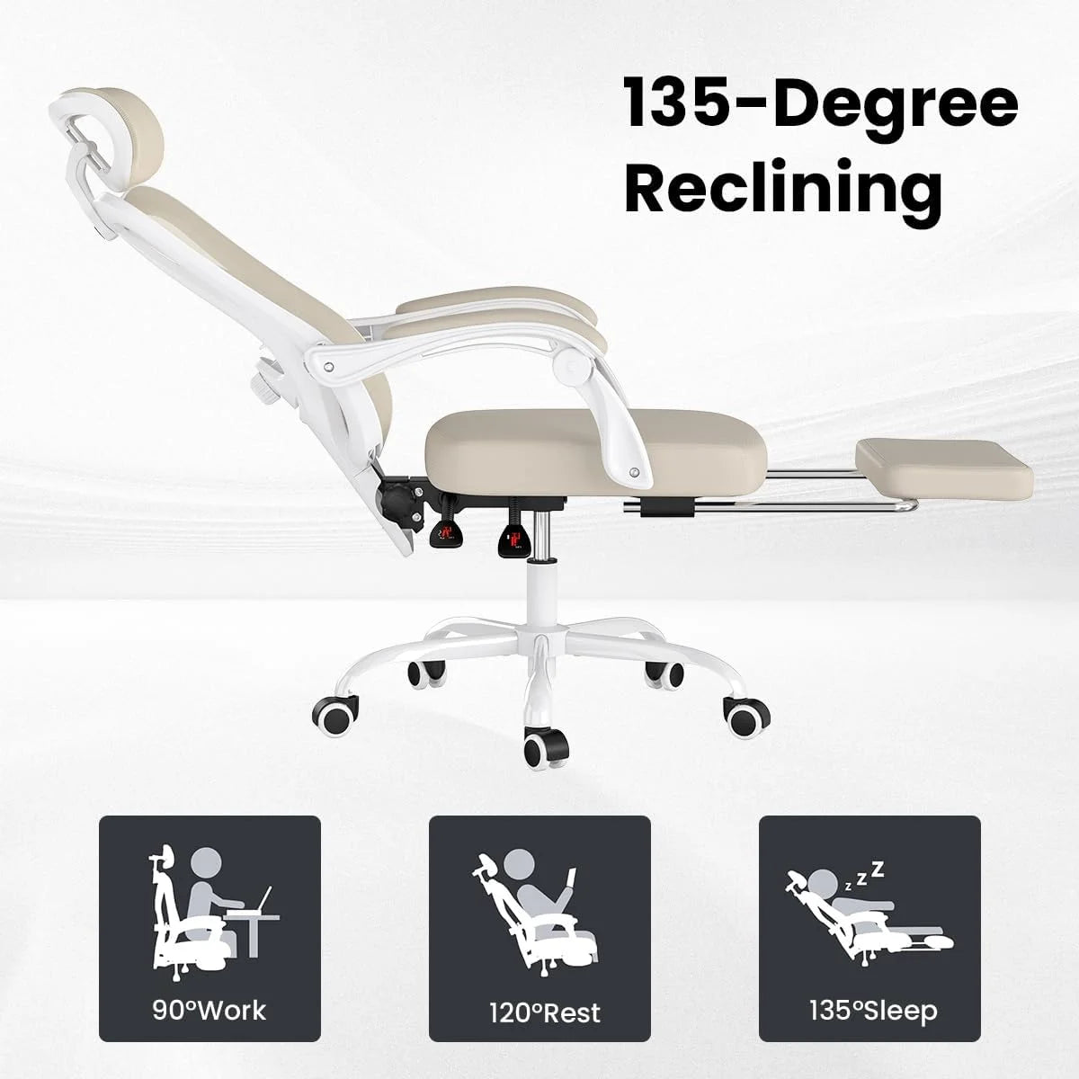 STARY Ergonomic Office Chair with Footrest, High Back Mesh Desk Chair with Adjustable Headrest & Lumbar Support, Comfortable Computer Chair for Home Office Study, White & Beige