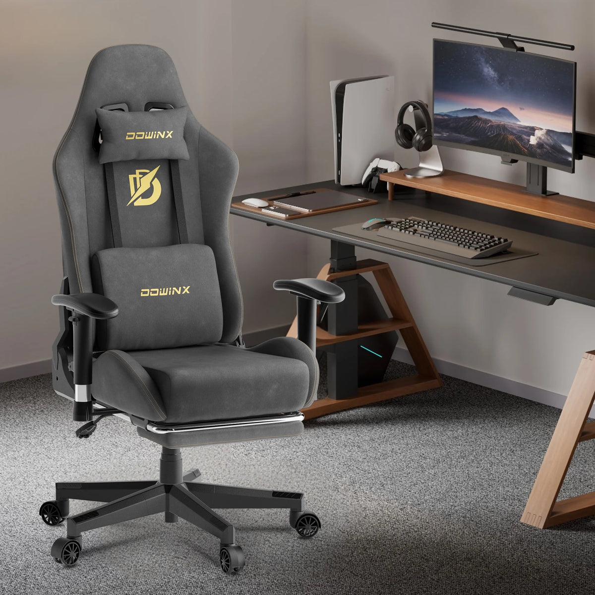 Dowinx Computer Gaming Chair with Pocket Spring Cushion and 4D Armrests for Office,Breathable Fabric High Back Ergonomic Task Chair with Footrest , Massage Lumbar Support Black