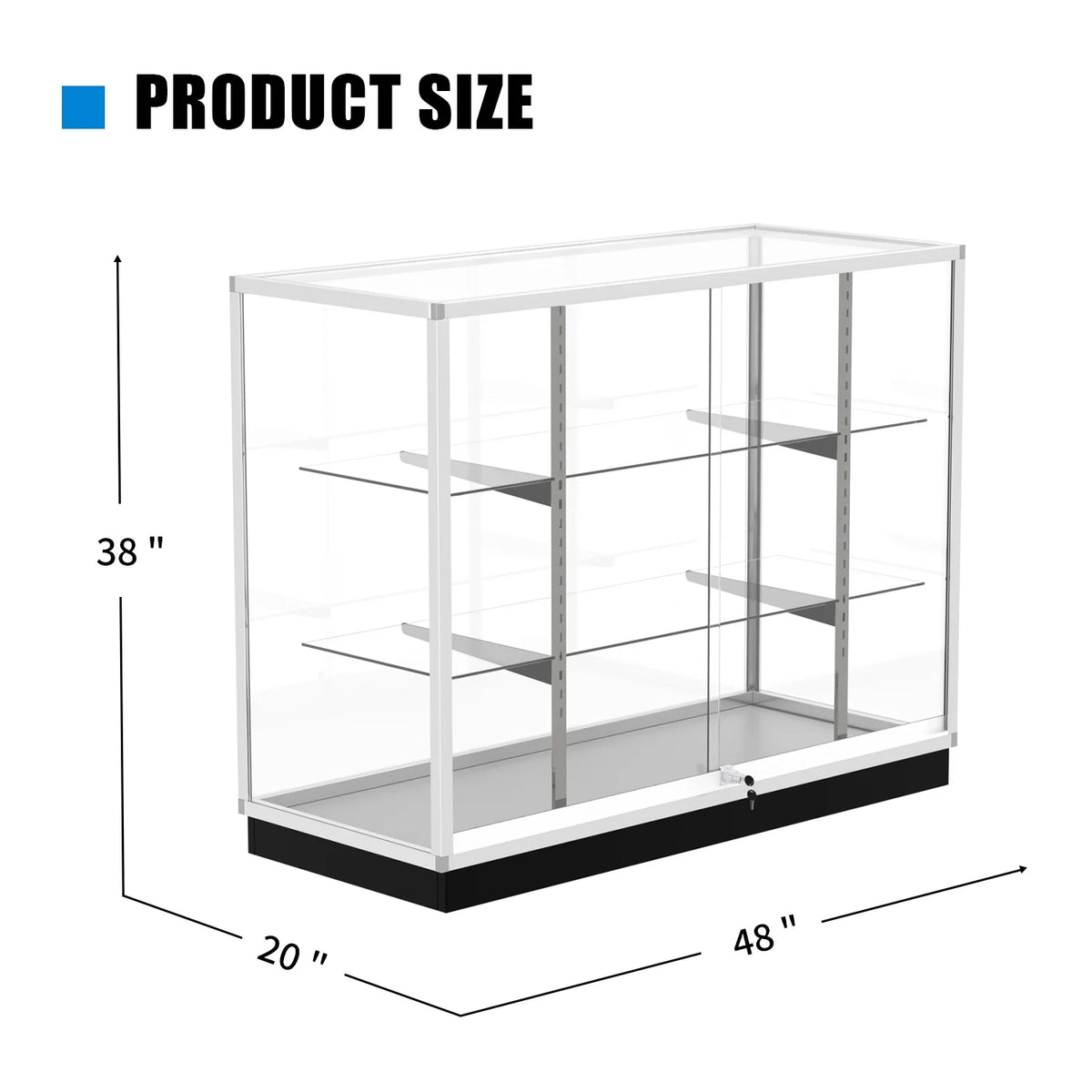 48��D * 20��W * 38��H - full vision glass display case