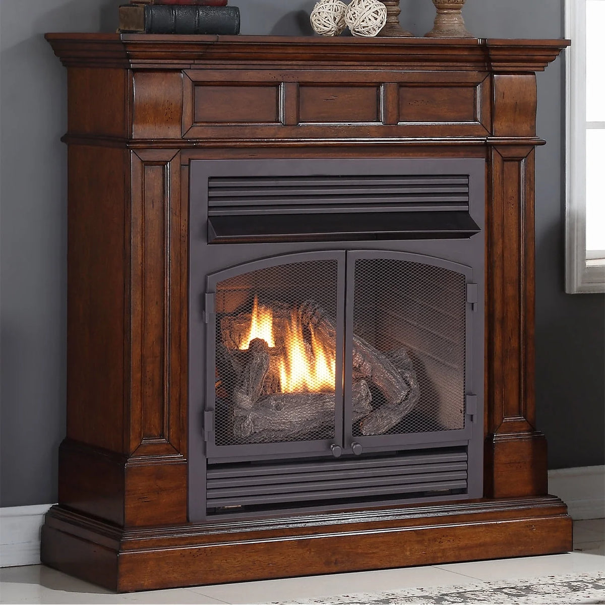 Duluth Forge Dual Fuel Ventless Gas Fireplace With Mantel - 32,000 BTU, T-Stat. Control, Auburn Cherry Finish - Model# DFS-400T-2AC