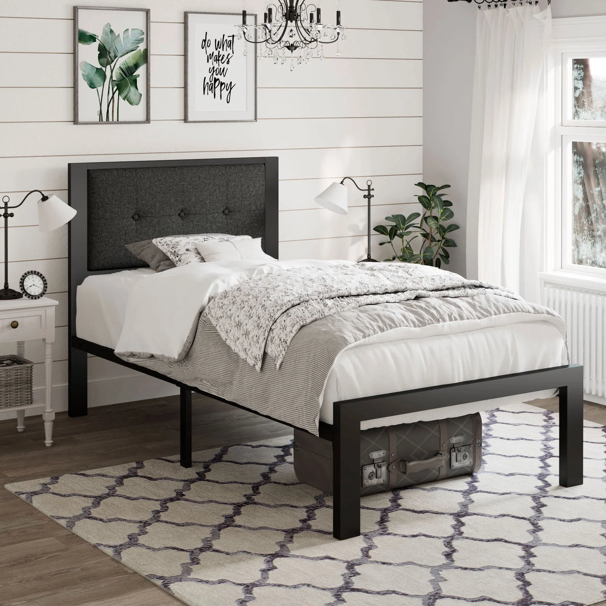 Amolife Twin Size Metal Platform Bed with Upholstered Button Tufted Headboard and 16 Strong Steel Slats, Dark Grey
