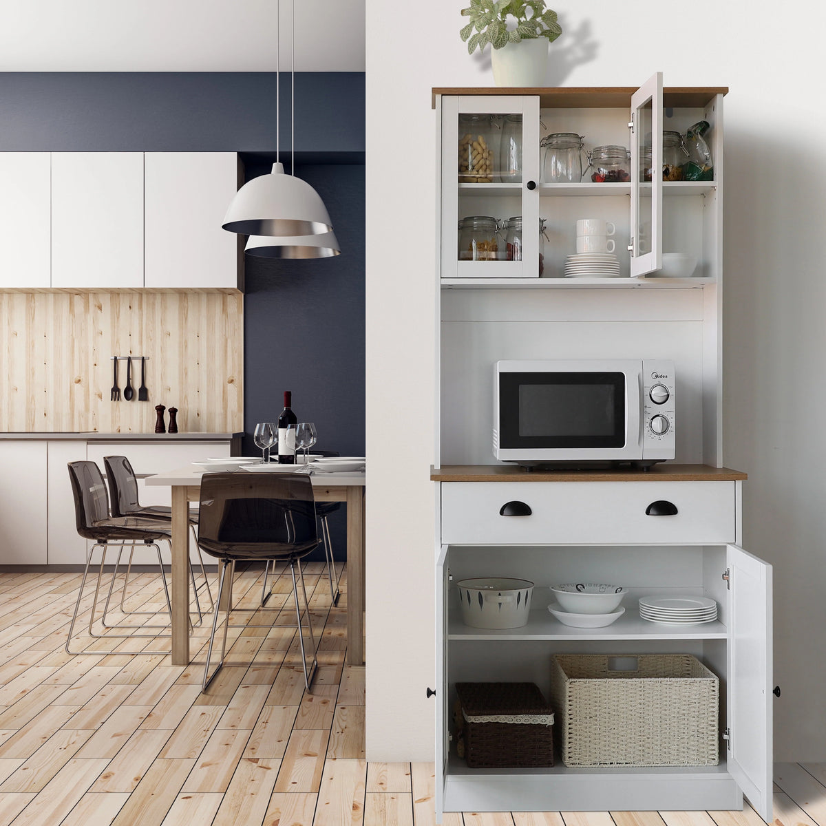VEIKOUS 72"Kitchen Pantry Storage Cabinet Buffet with Shelves and Microwave Space, White