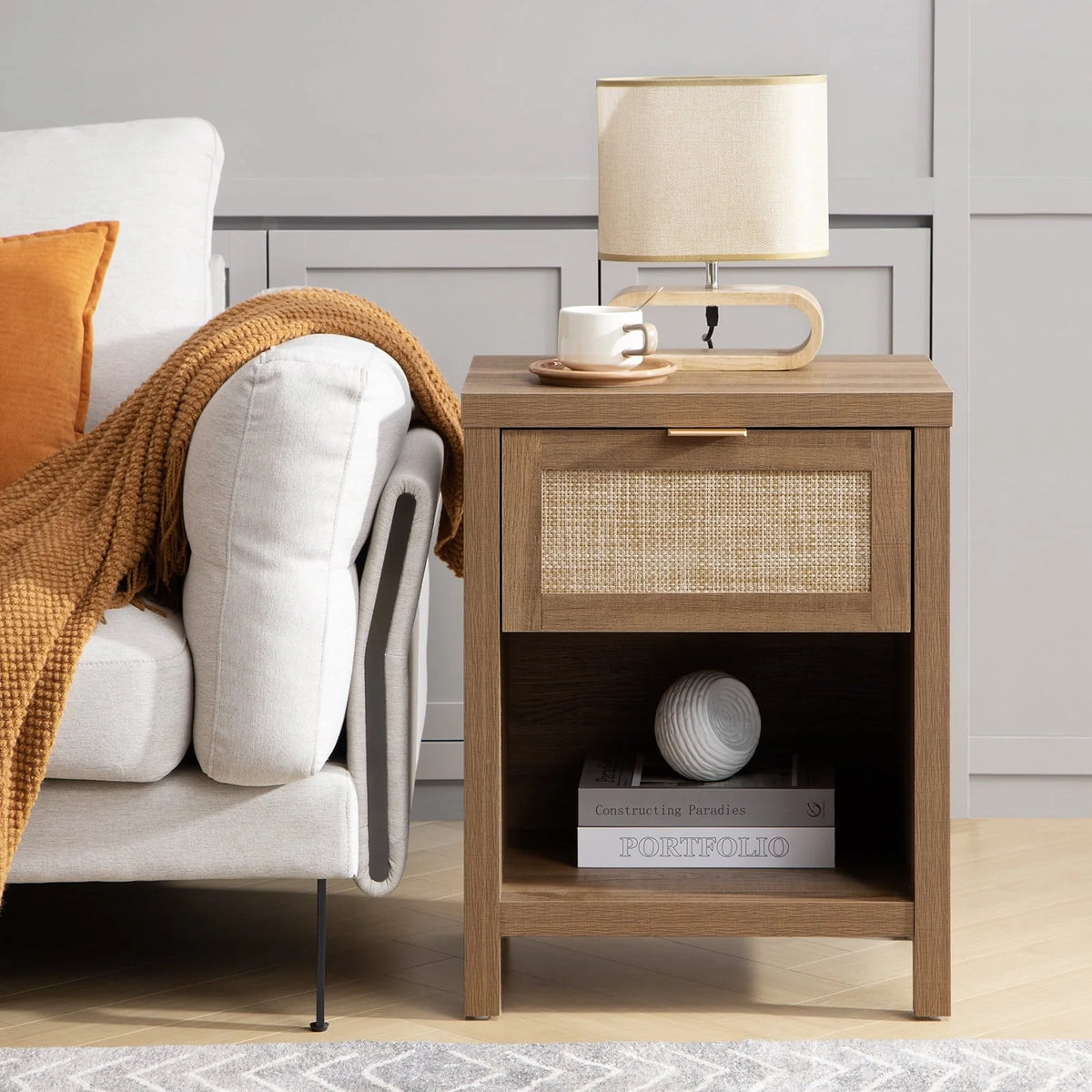 SICOTAS Rattan Nightstand with Drawer and Storage Bedside Table End Table Side Table Accent Table for Bedroom Living Room
