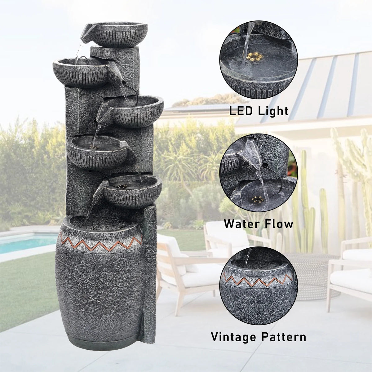 35.83''H Outdoor Indoor Garden Water Fountain 6-Tiers Modern Floor Standing Water Feature Waterfall Fountains with LED Lights for Yard Porch Deck Patio Home Decor
