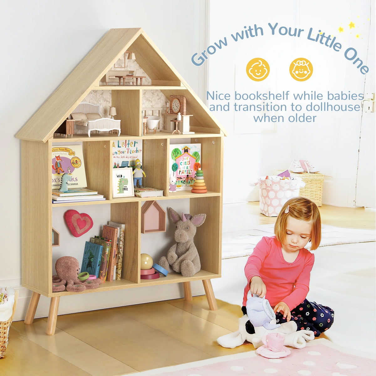 Curipeer 2-Tier Kids Bookshelf, Toy Storage Organizer with Motion-Activated Light, White