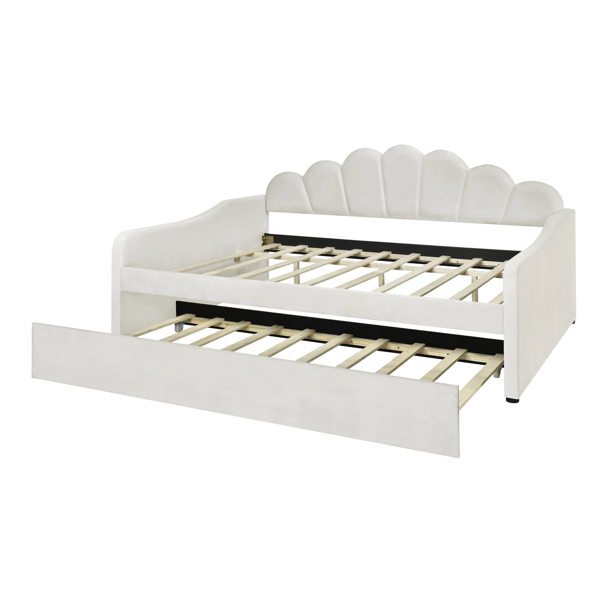 EUROCO Upholstery Full Size Platform Bed, Upholstered Daybed with Headboard and Trundle, Beige