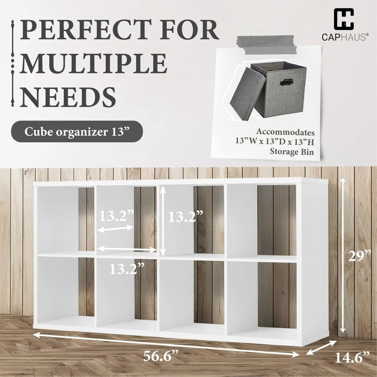 CAPHAUS Sturdy Room 13-Inch Cube Storage Organizer Shelf, with Extra Thick Exterior Edge, Open Storage Shelf Divider, Bookcase, 8-Cube, White