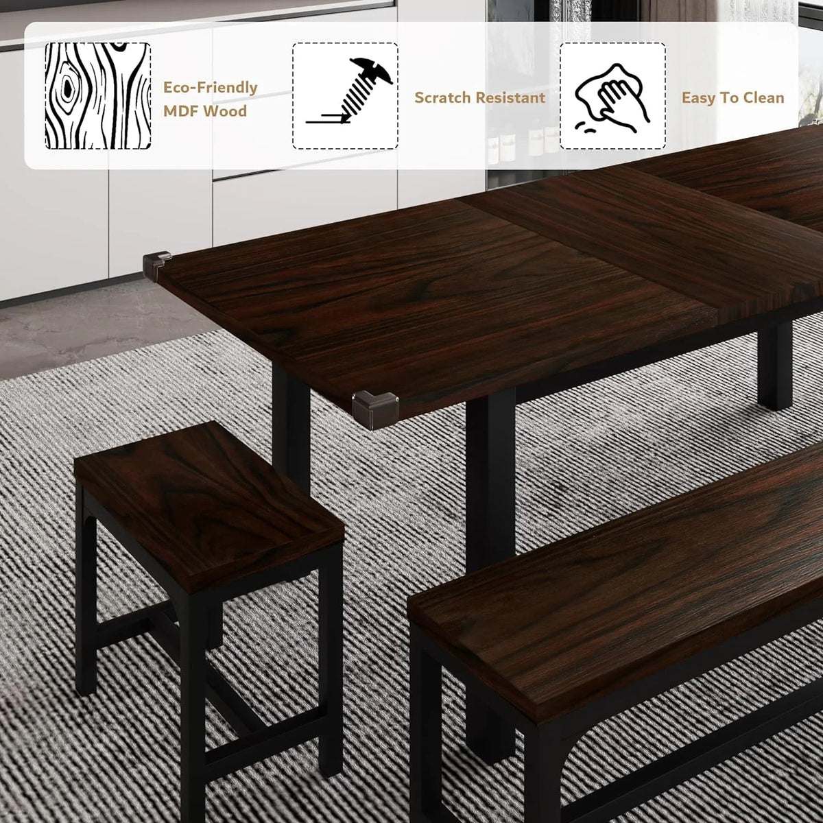 iPormis 5-Piece Dining Table Set for 4-8 People, Extendable Kitchen Table Set with 2 Benches and 2 Square Stools, Black