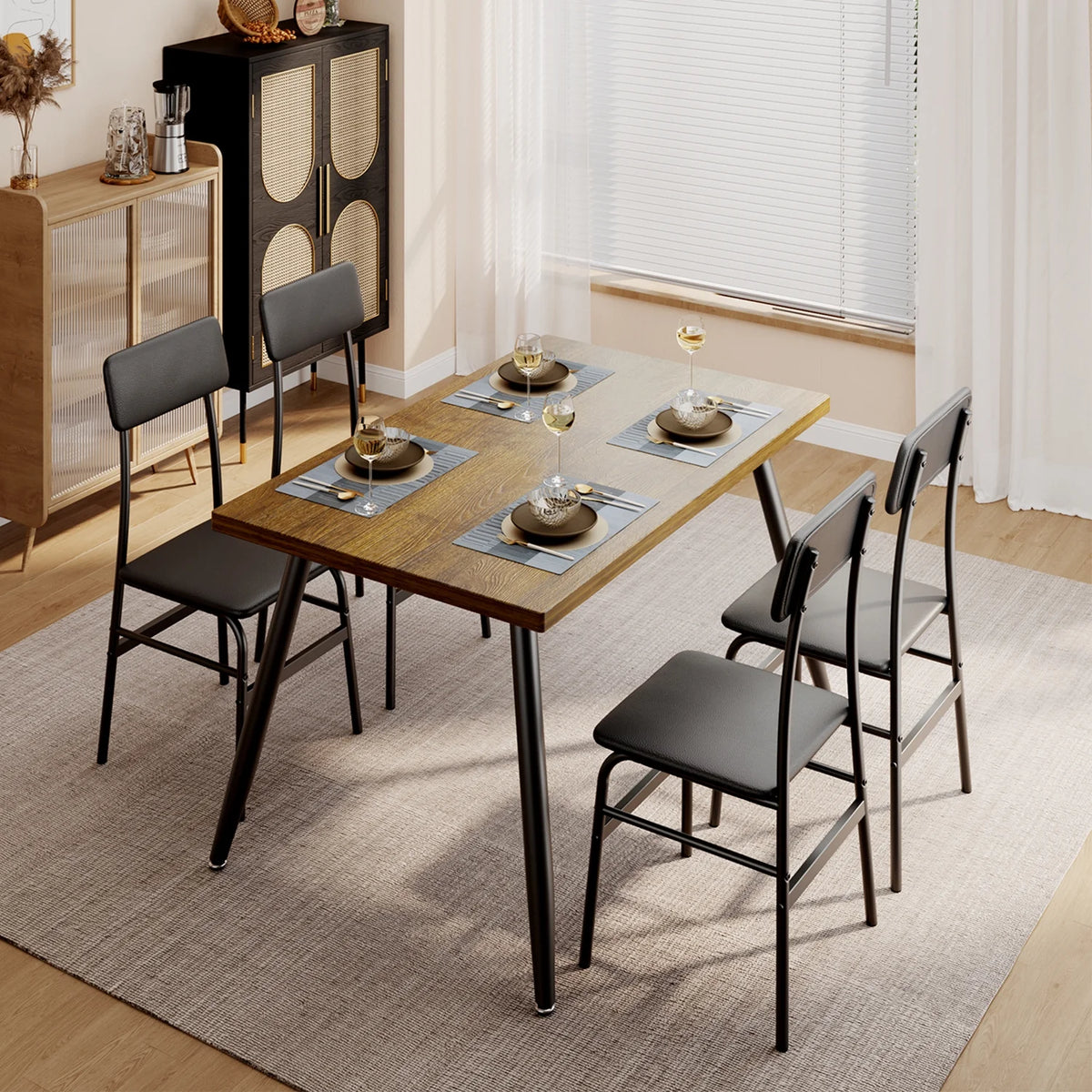 Aiho 5-Piece Modern Dining Set, Metal & Wood Table & 4 Chairs, Space-Saving for Small Spaces & Apartments, Retro