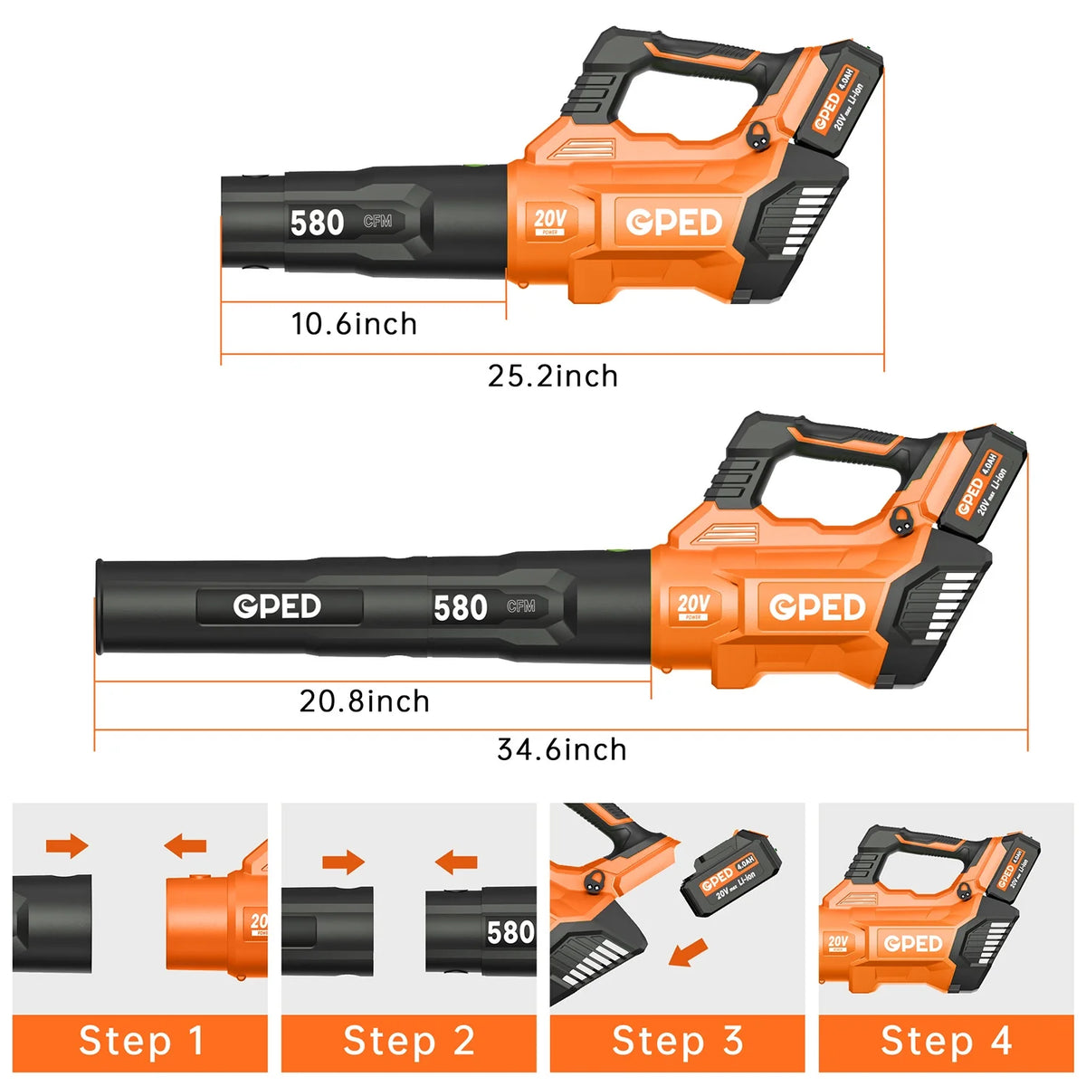 GPED Leaf Blower, 3 Speed Adjustment Electric Cordless Leaf Blower with 2 x 4.0Ah Batteries, Charger, Shoulder Strap, 580CFM/160MPH, Ideal for Patio Cleaning, Lawn Care, Blowing Leaves, Green