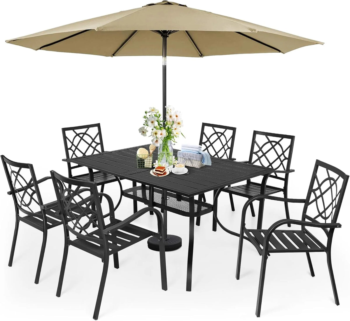 SUNCROWN 5-Piece Outdoor Wrought Iron Chairs and Table Patio Dining Furniture Set - 4 Stackable Metal Chairs, 1 Steel Slat Bistro Table and 1 Sky Blue 9Ft Patio Umbrella for Garden Backyard Deck