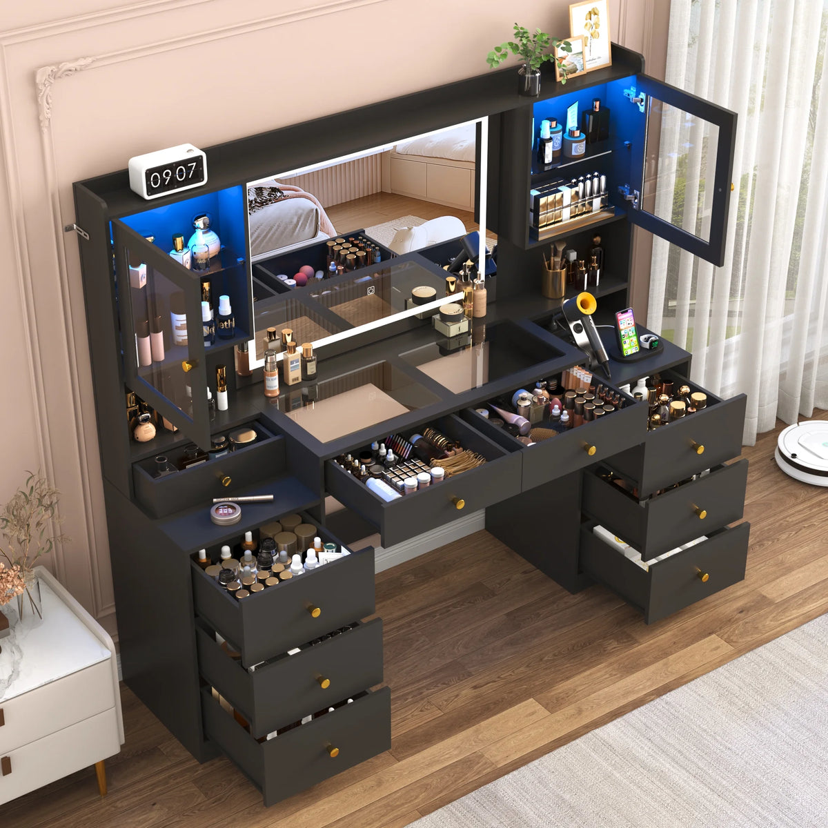 Blotout 62'' Large Vanity Desk w/60000-color LED Lights, Tempered Glass Top, Power Outlet, Makeup Vanity Table w/ 3 Lights Mode Mirror, 9 Drawers, 2 RGB Cabinets, LED Dressing Table for Girls, Women