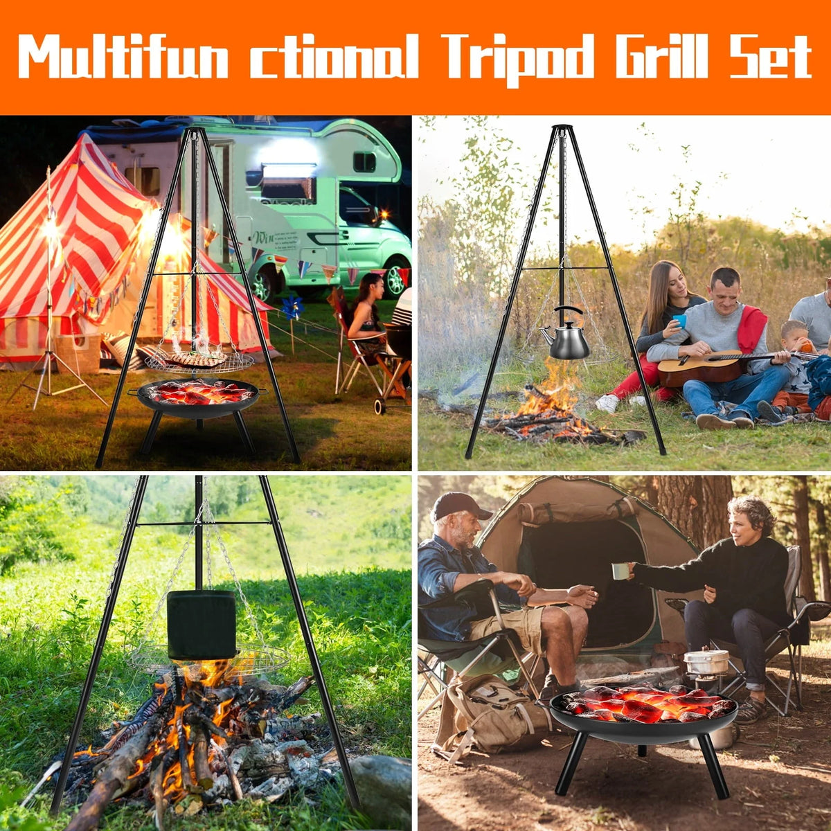 Charcoal Grill Set, Upgraded Adjustable Tripod Grill Set with Grill Net and Fire Pit, Multipurpose Portable Grill for Outdoor Campfire Barbecue Cooking BBQ, Detachable and Easy to Carry