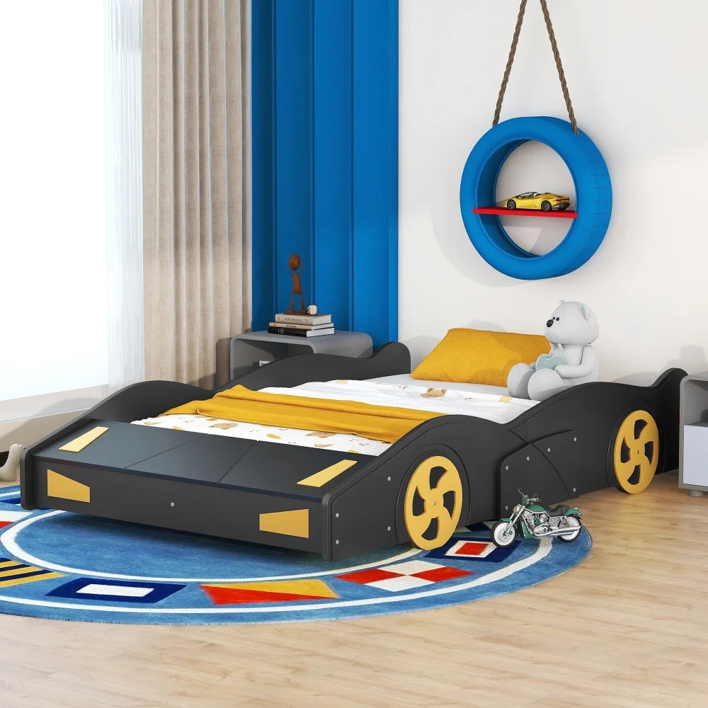Full Size Modern Race Car-Shaped Platform Bed with Wheels and Storage, Solid Wood Platform Bed Frame with Sturdy Slat Support for Kids, Boys, Girls(Dark Blue)