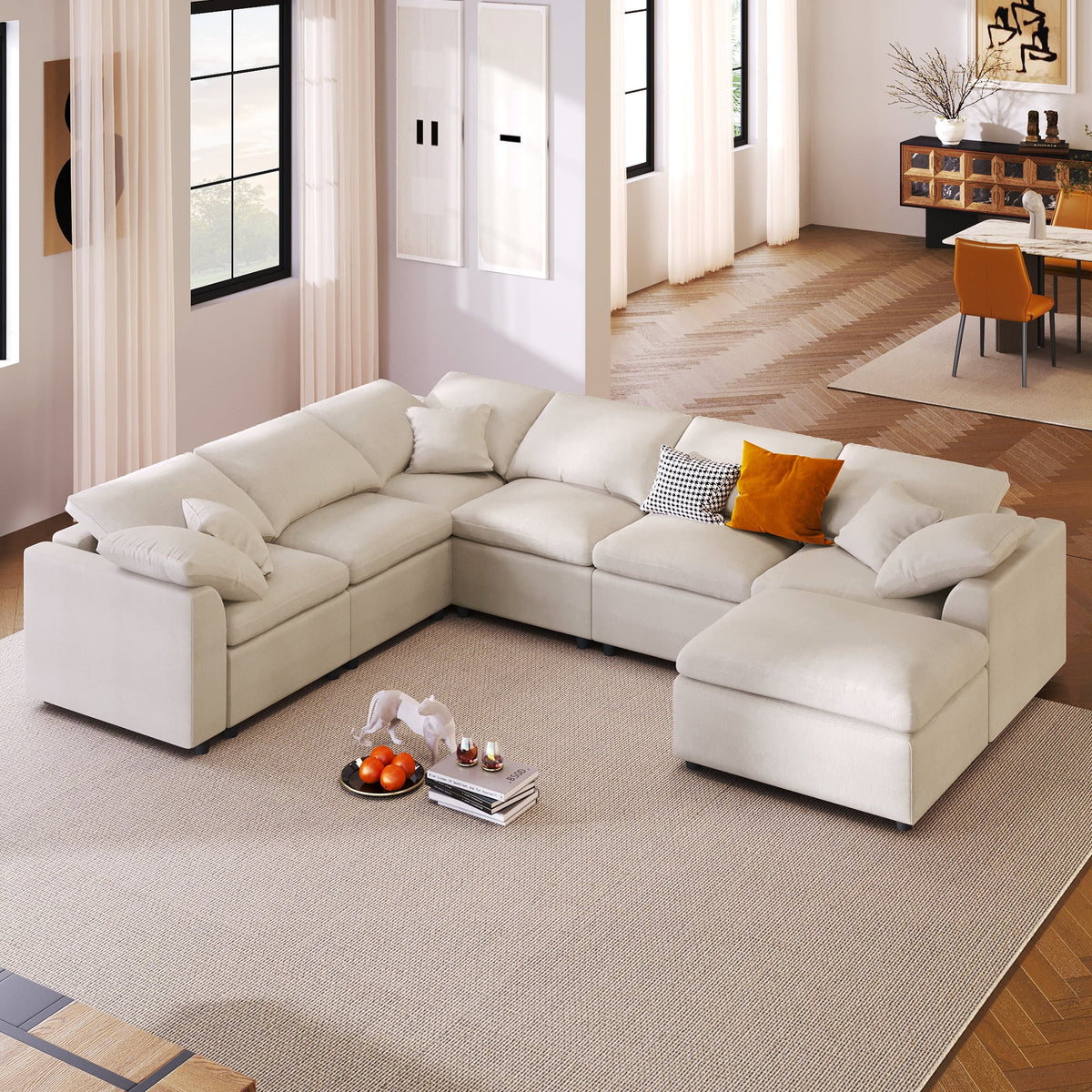EUROCO 124.8" 7-Seater Oversized Modular Couches and Sofas Sectional with Ottoman,Sectional Sofa U/L Shaped Chenille Sectional Couch for Living Room, Office, Spacious Space