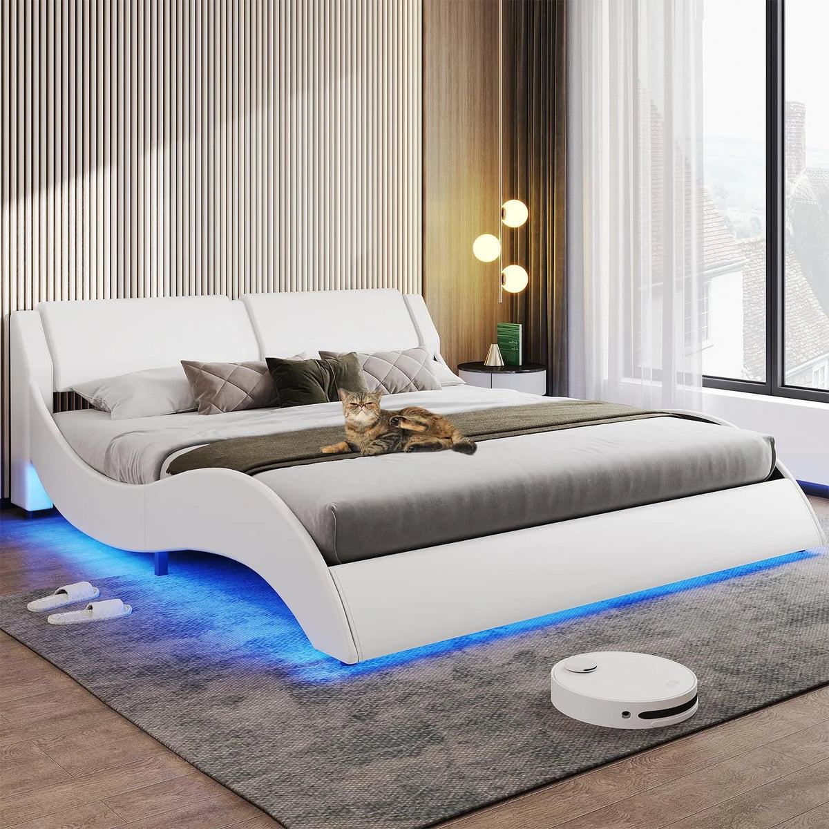 Queen Size Bed Frame with LED Lights,Modern Platform Bed Frame with Upholstered Headboard,Faux Leather Wave Like Low Profile Bed Frame,No Box Spring Needed,Black
