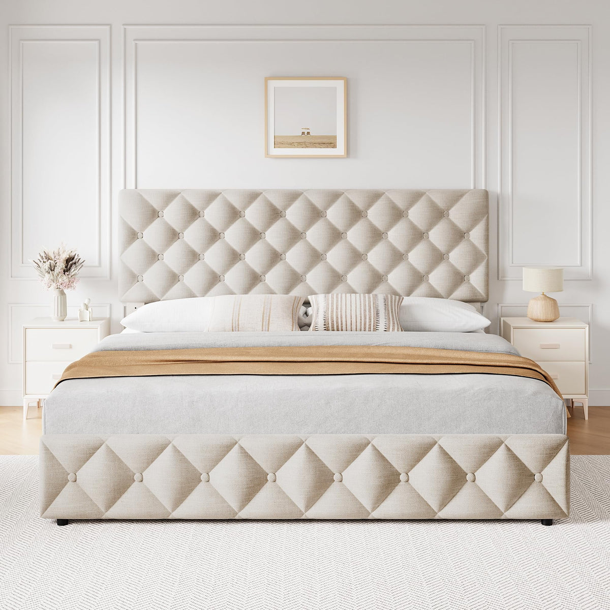 TROPOW Full Size Bed Frame,with 4 Storage Drawers and Adjustable Headboard, Linen Upholstered Platform Bed Frame, Diamond Stitched Button Tufted, No Box Spring Needed,White