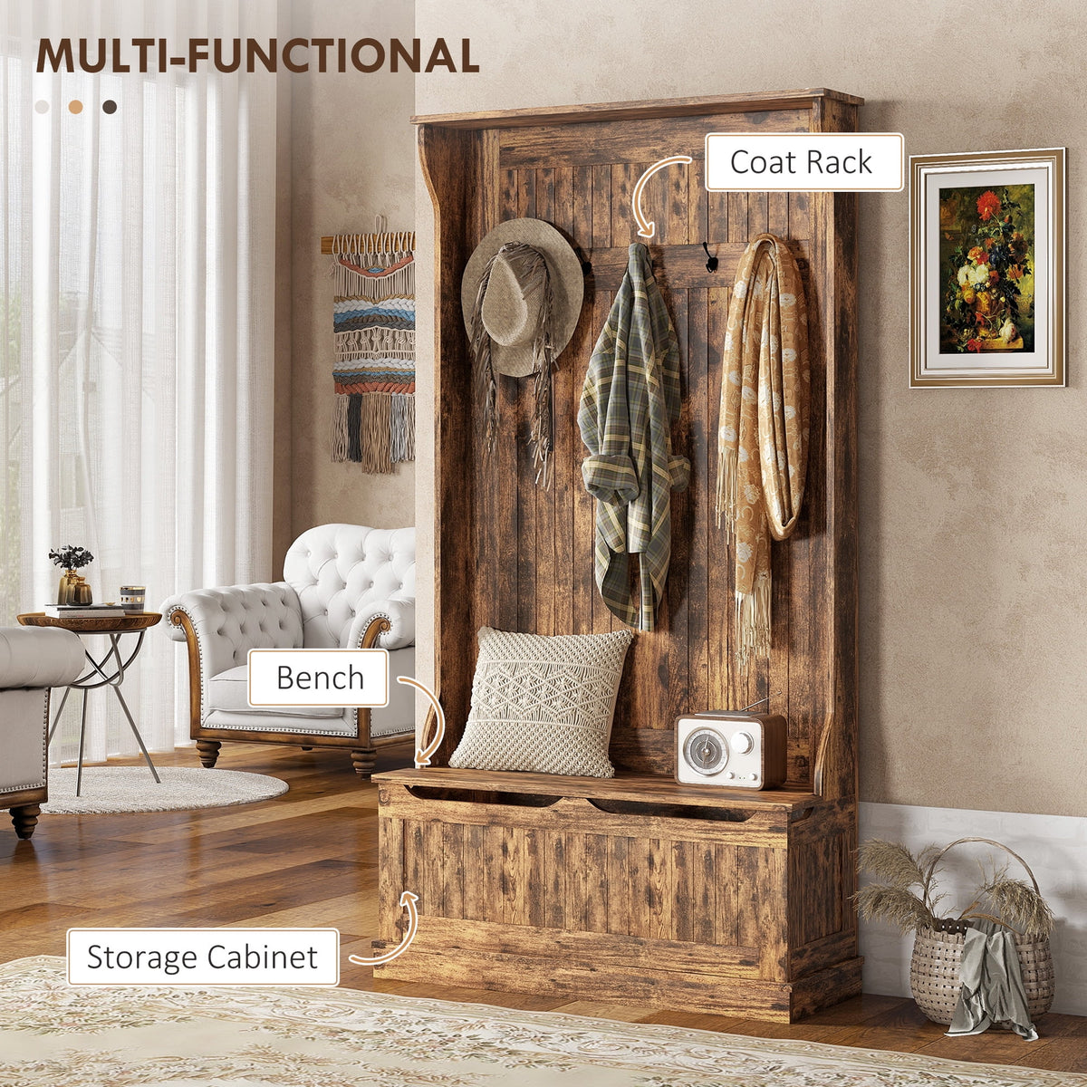 HOMCOM 3-In-1 Hall Tree Storage Bench and Coat Rack with 5 Steel Double Hooks, and Anti-Topple Anchor for Entryway, Cream White