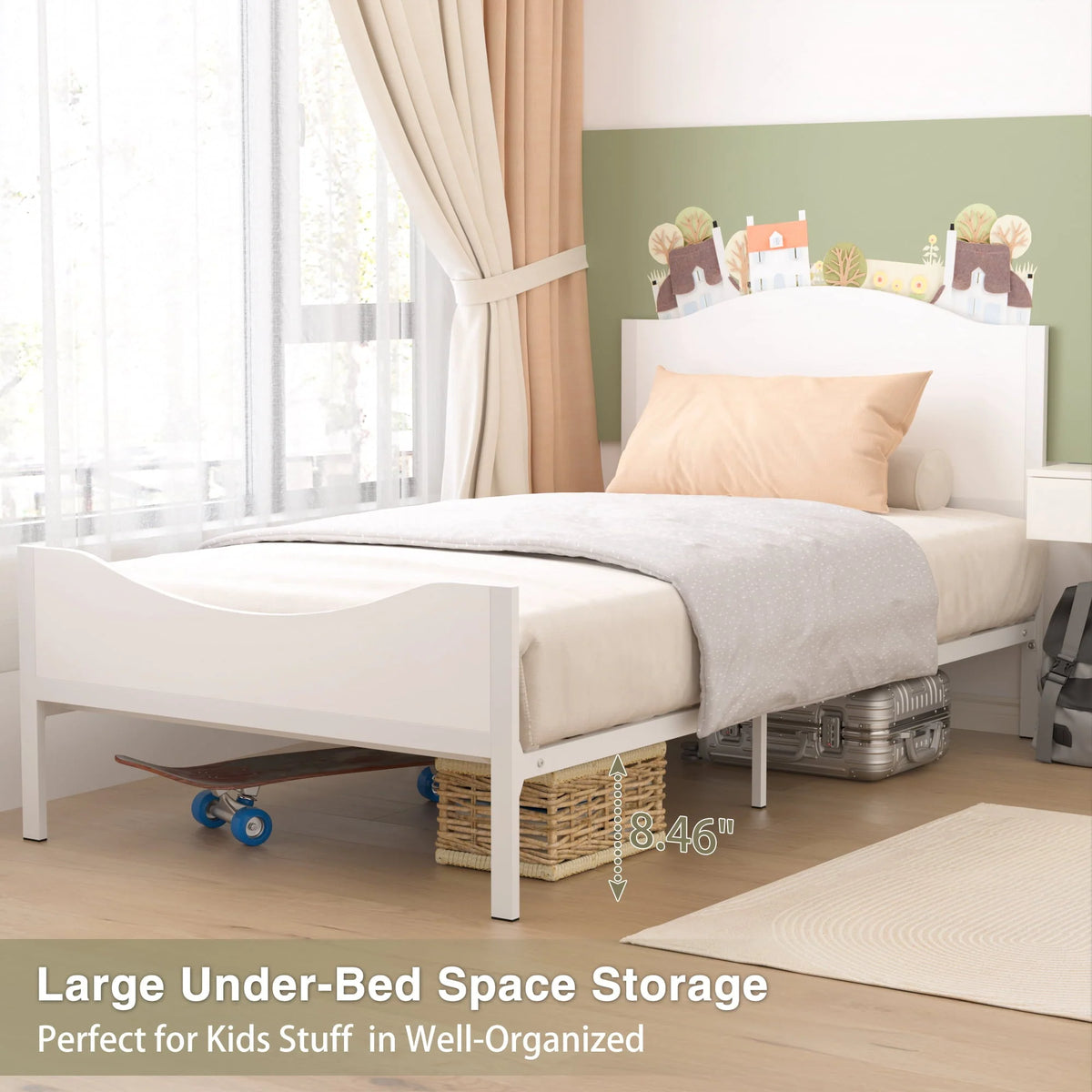 Yoneston Twin Size Kids Metal Platform Bed Frame with Wood Headboard, Modern Single Bed Frames for Children, Teens & Adults, No Box Spring Needed, White