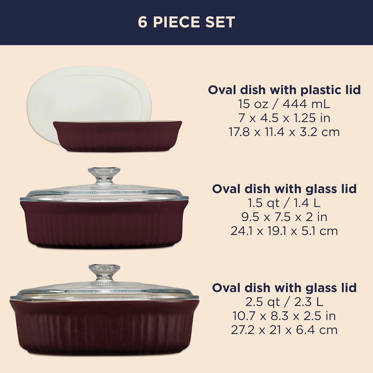 CorningWare French Colors 6-Piece Oval Baking Set with Lids, Cabernet