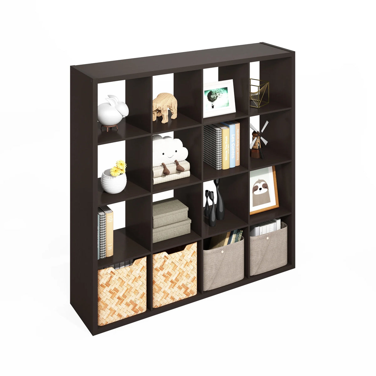 Furinno Simple Open Back Cube Storage Organizer, Standing Shelf, 16-Cube, Dark Oak