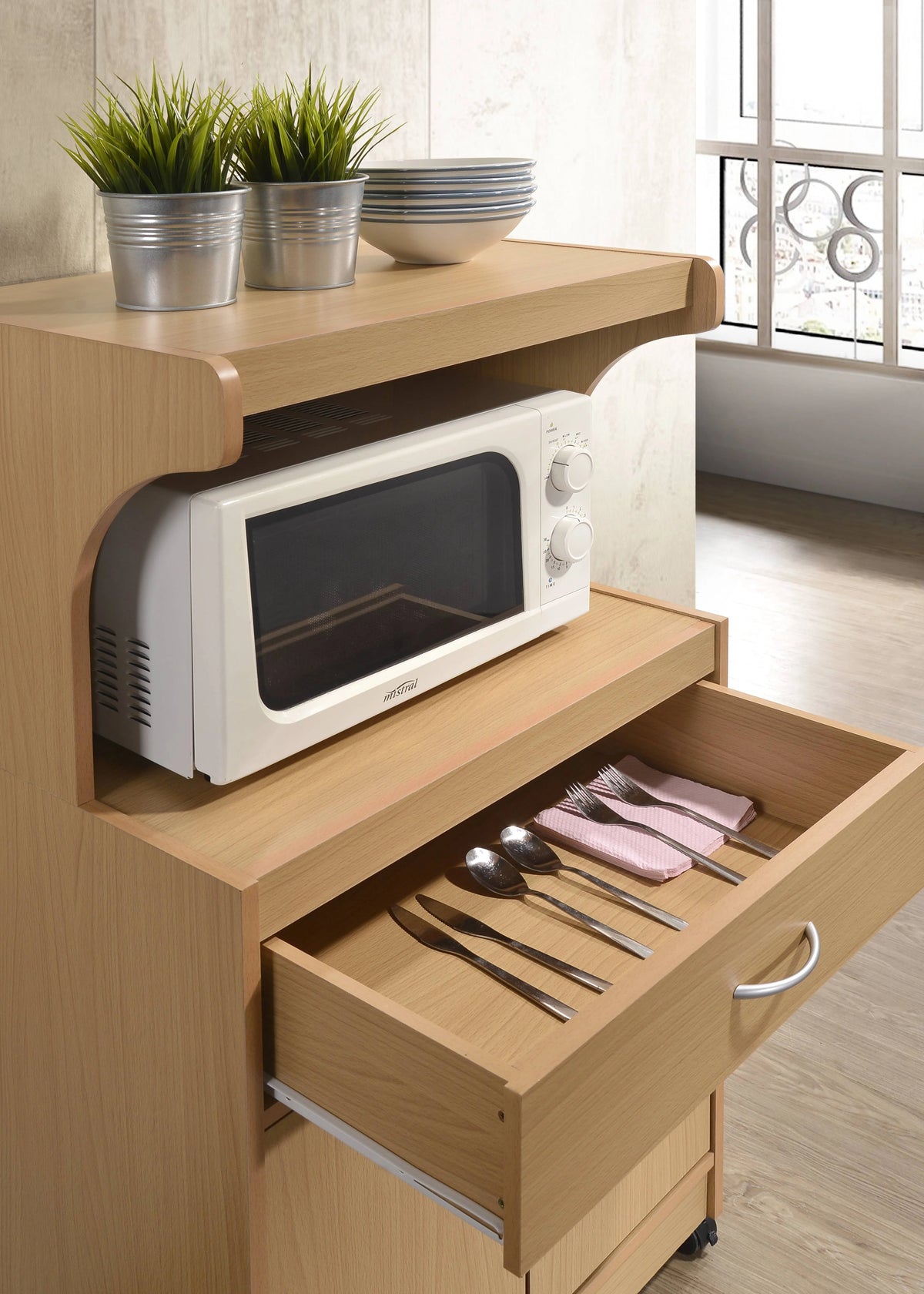 Hodedah Microwave Contemporary Wooden Kitchen Cart in Cherry Finish