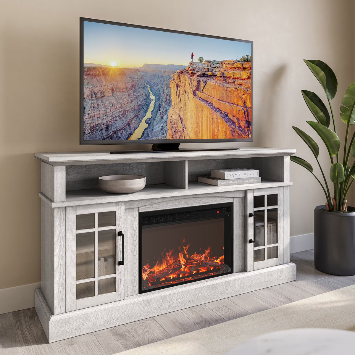 BELLEZE 58" TV Stand with 23" Electric Fireplace, Fireplace TV Console for TVs up to 65", Home Entertainment Center with Storage Cabinet and Adjustable Shelves - Astorga (Gray Wash)
