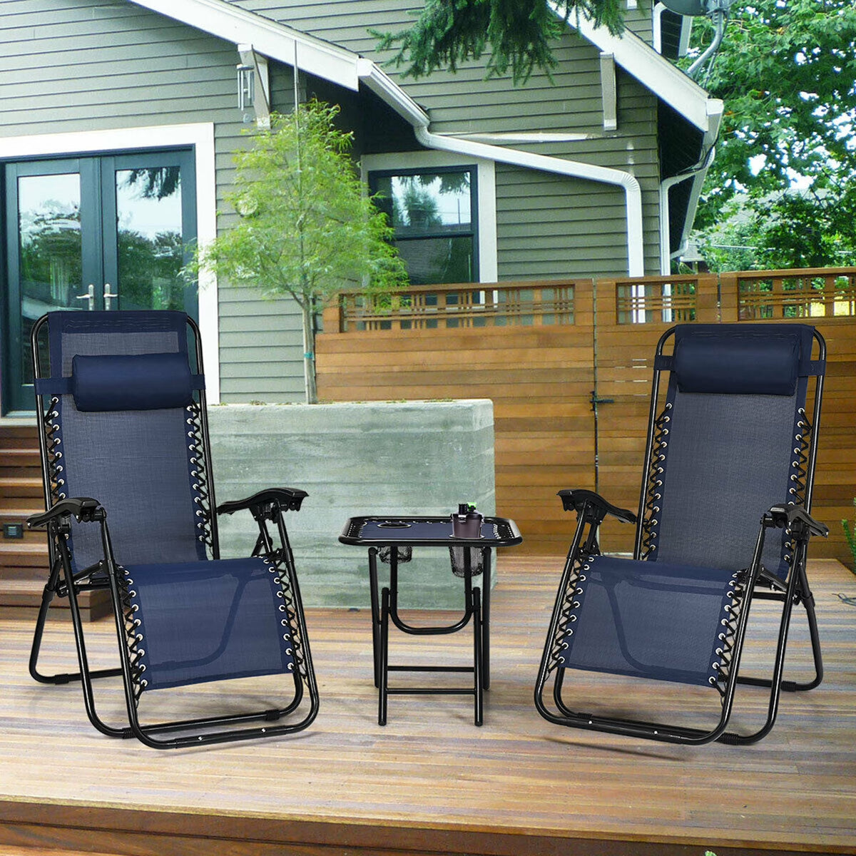Gymax 3PC Zero Gravity Reclining Lounge Chairs Pillows Table Portable Folding Beige