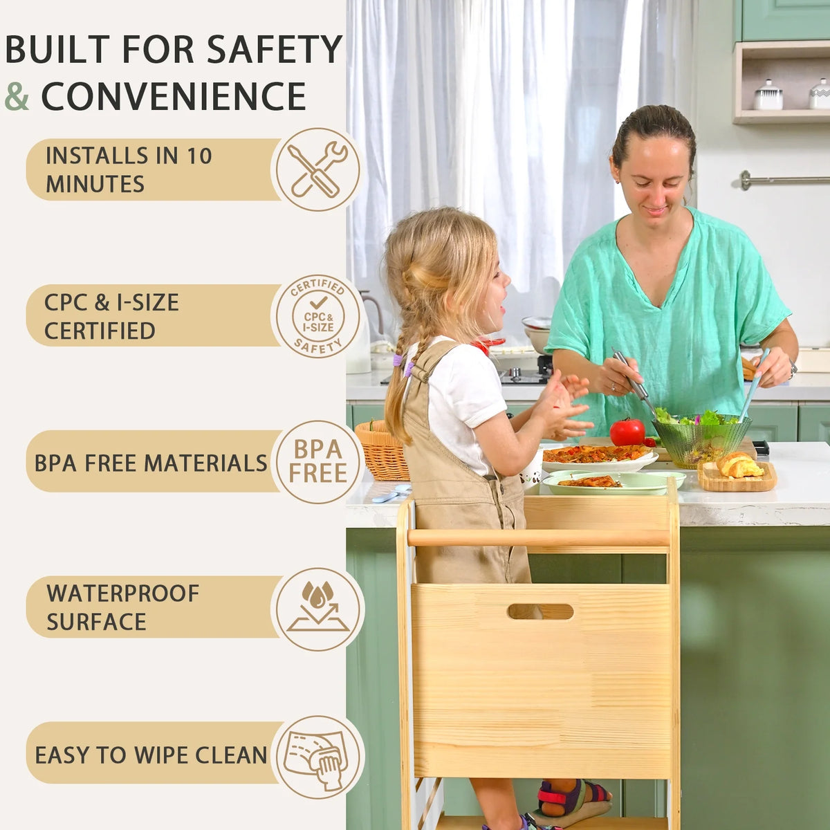 Toddler Standing Tower, Kids Kitchen Stool Helper 3 Levels Adjustable Height Wooden Toddler Step Stools for Learning New Skills