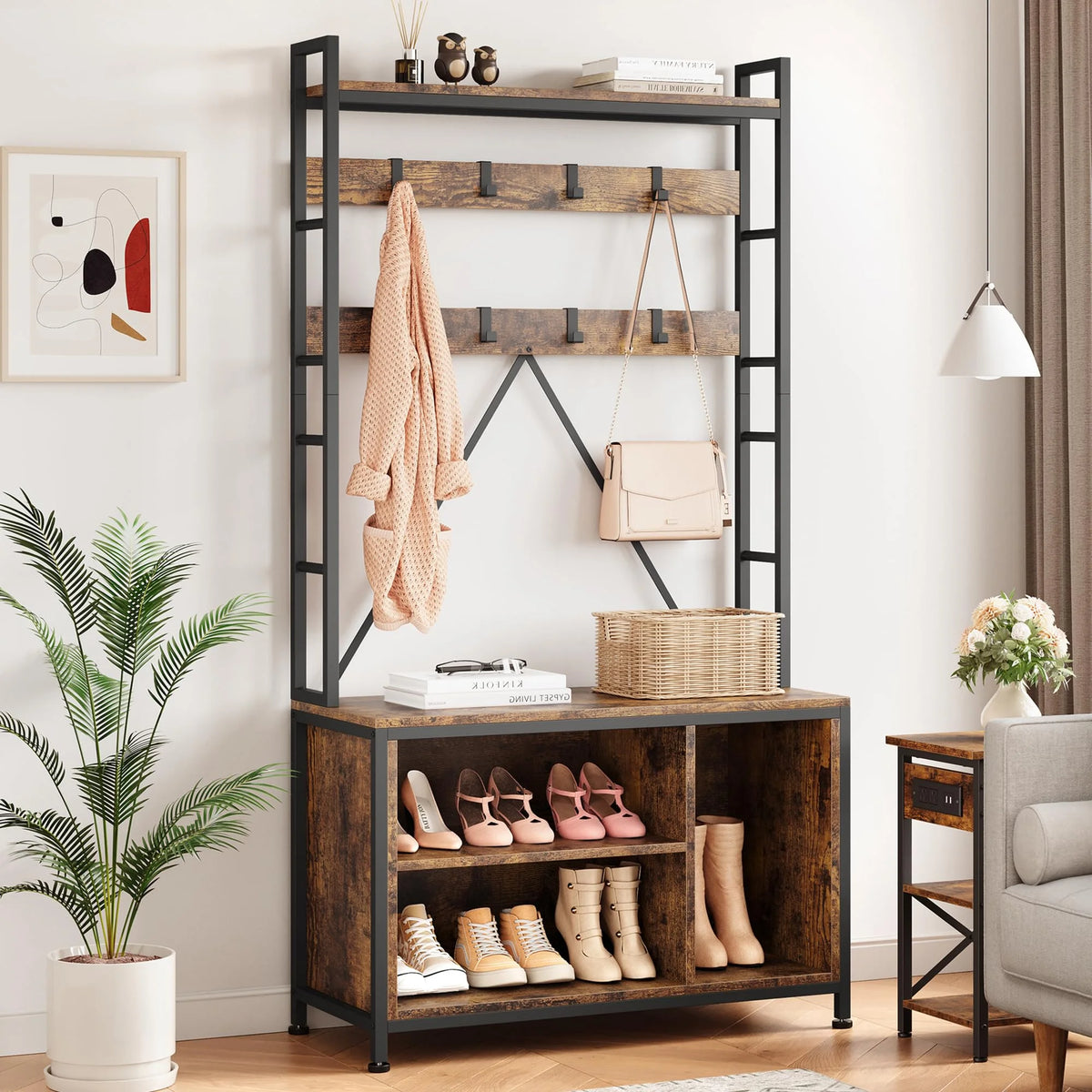 Hall Tree with Bench 36.41" Coat Rack Freestanding 5 in 1 Industrial Shoe Bench with 3 Storage Cubbies and 8 Hooks Entryway Coat Rack with Shoe Storage, Brown