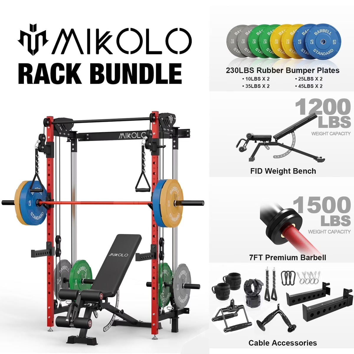 Mikolo Foldable Power Rack Cage,1000lbs Capacity Wall Mounted Squat Rack with independent pulley system, Space Saving Home Gym Equipment with 5 Adjustable Angle