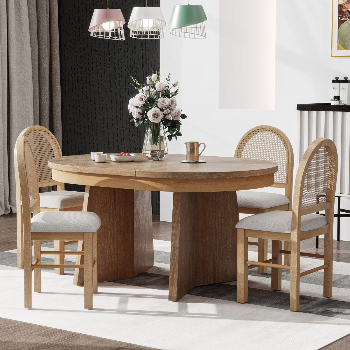 5-Piece Extendable Dining Table Set for 4 People, Solid Wood Kitchen Table Set with 4 Upholstered Chairs and Rattan Backrests for Dining Room and Kitchen, Natural