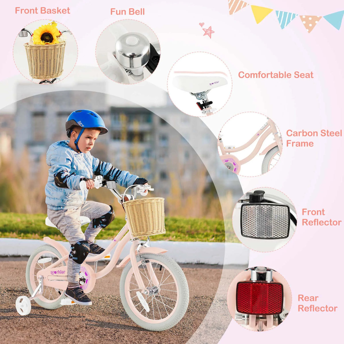 Prorider 16" Kid’s Bike with Training Wheels Adjustable Handlebar Seat Handbrake Pink