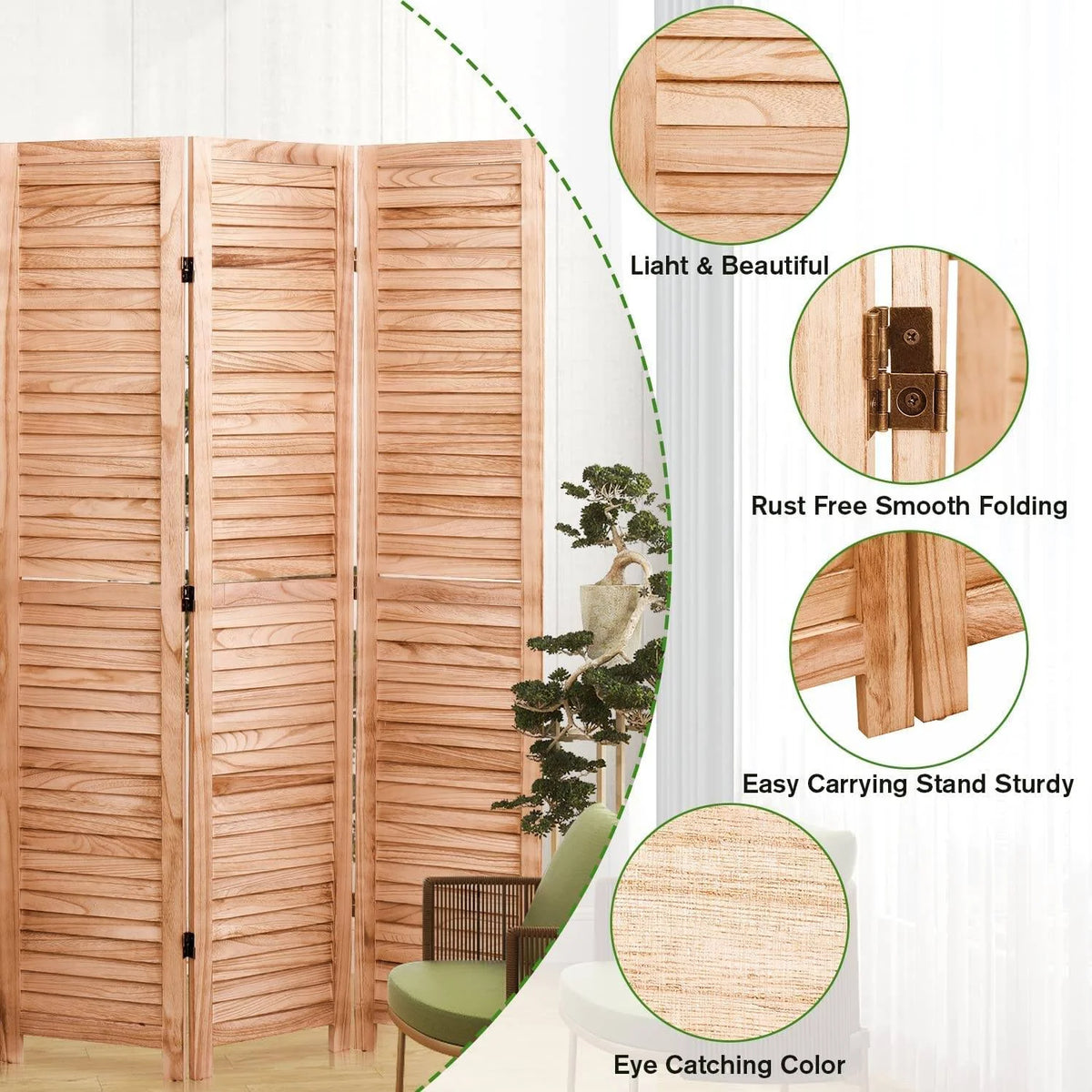 Privacy Screen 82.8'' W x 65'' H 6 - Panel Solid Wood Folding Room Divider, Natural,Outdoor Privacy Screen