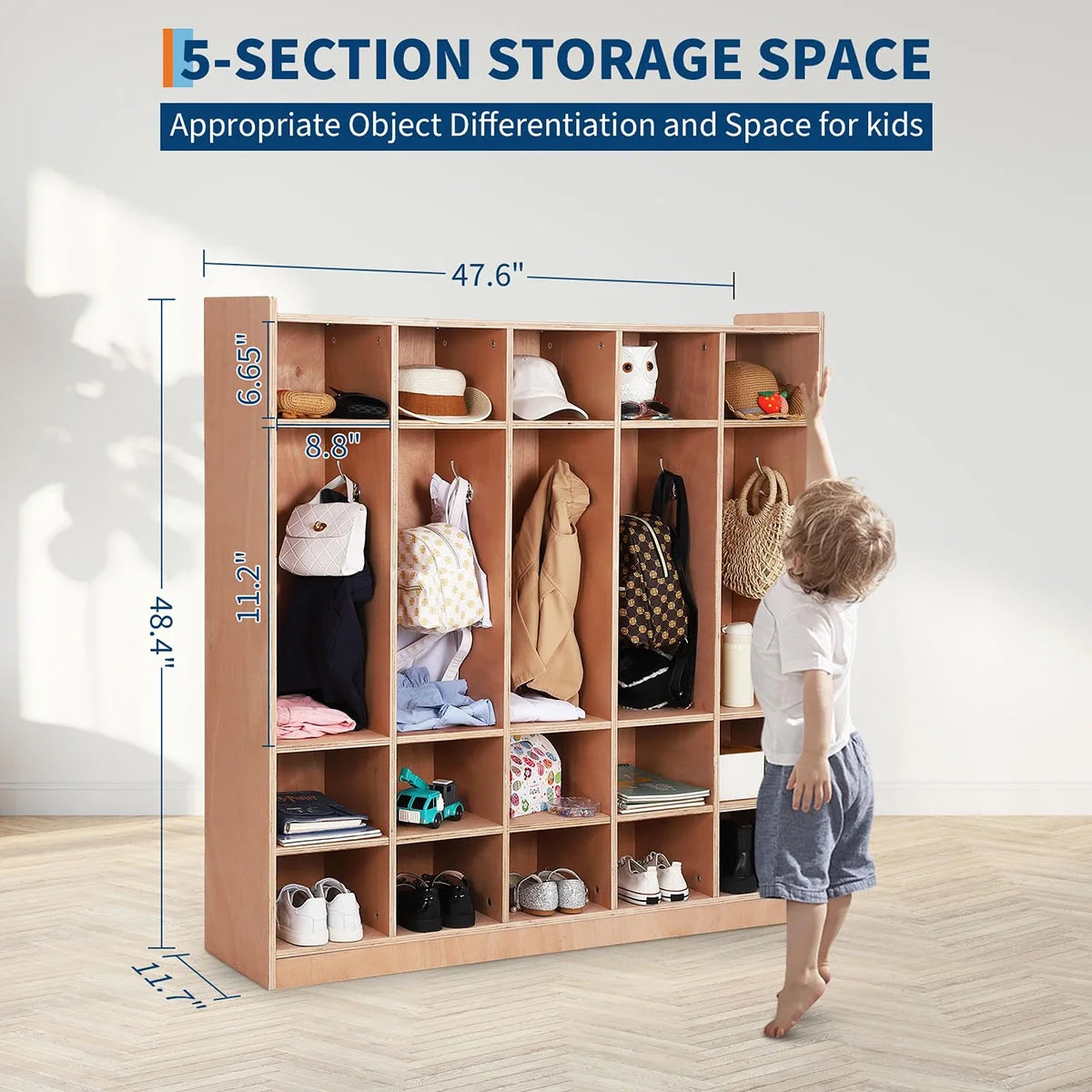 Ataucjin 5-Section Classroom Coat Locker, 20 Cubbies for Classrooms, Daycare Cubby with 4 Casters, 5 Hooks and 2 Storage Boxes, for Home, School, Kindergarten